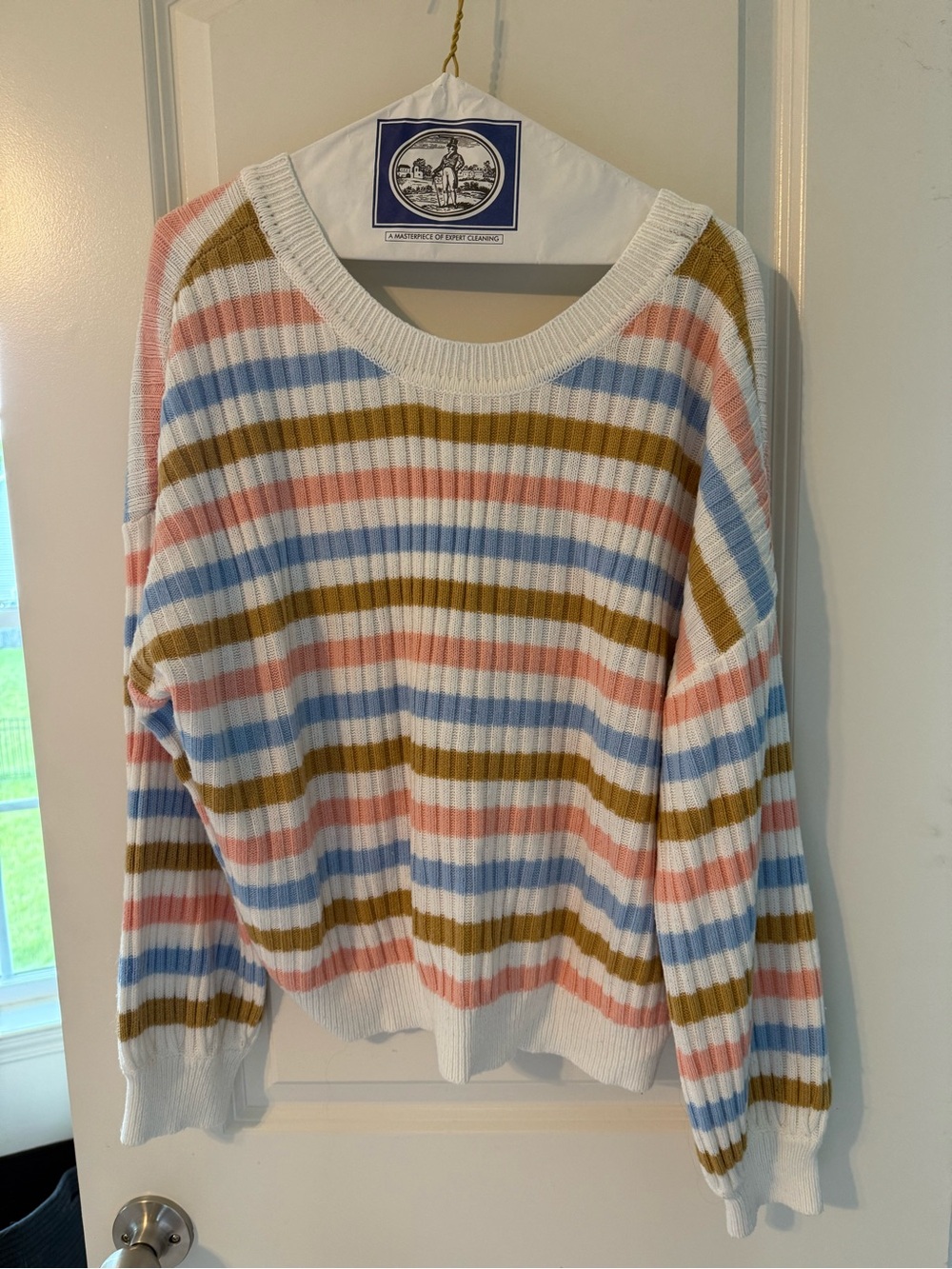 Le Lis Ribbed Crewneck Sweater in White, Pink, Blue & Mustard